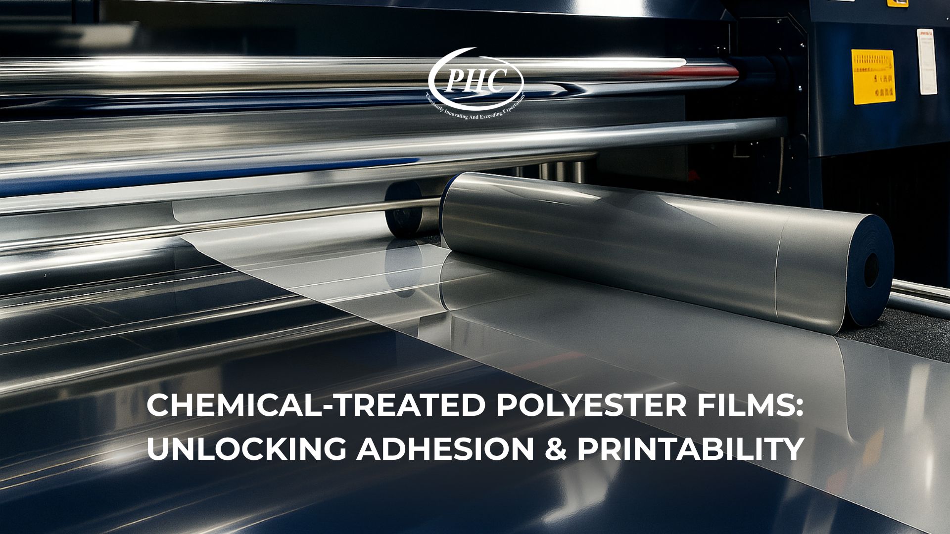 Chemical-treated PET film under printing press in Greer SC