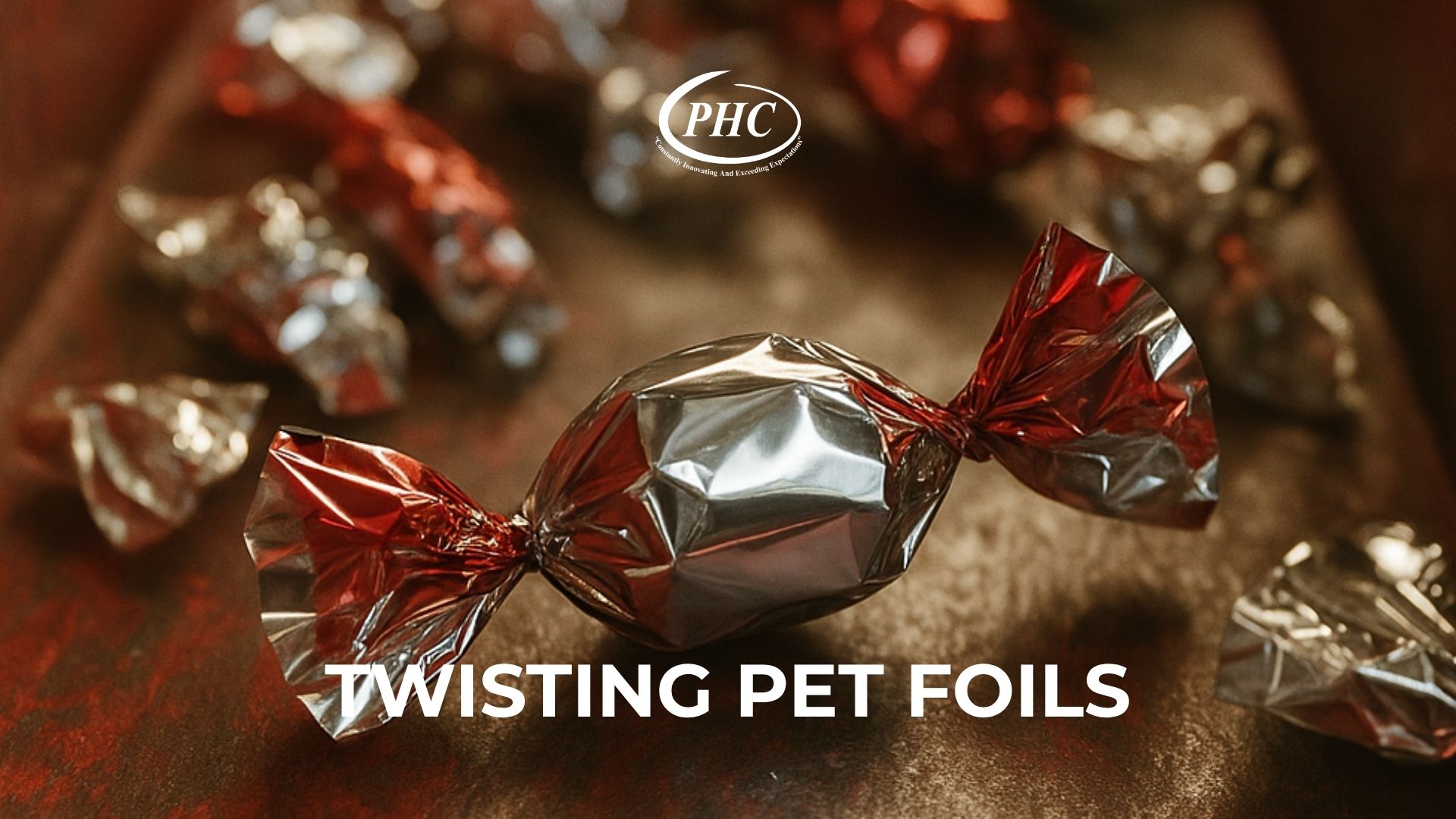 Twisting PET foils wrapping candies and decorative items with metallic shine and flexibility